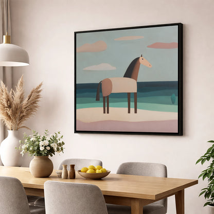 Tranquil Coastal Horizons horse landscape wall art displayed in a dining room