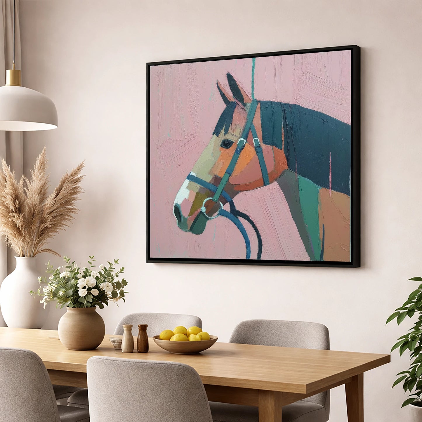 Abstract Rose Profile horse portrait wall art displayed in a dining room