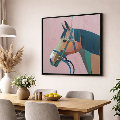 Abstract Rose Profile horse portrait wall art displayed in a dining room