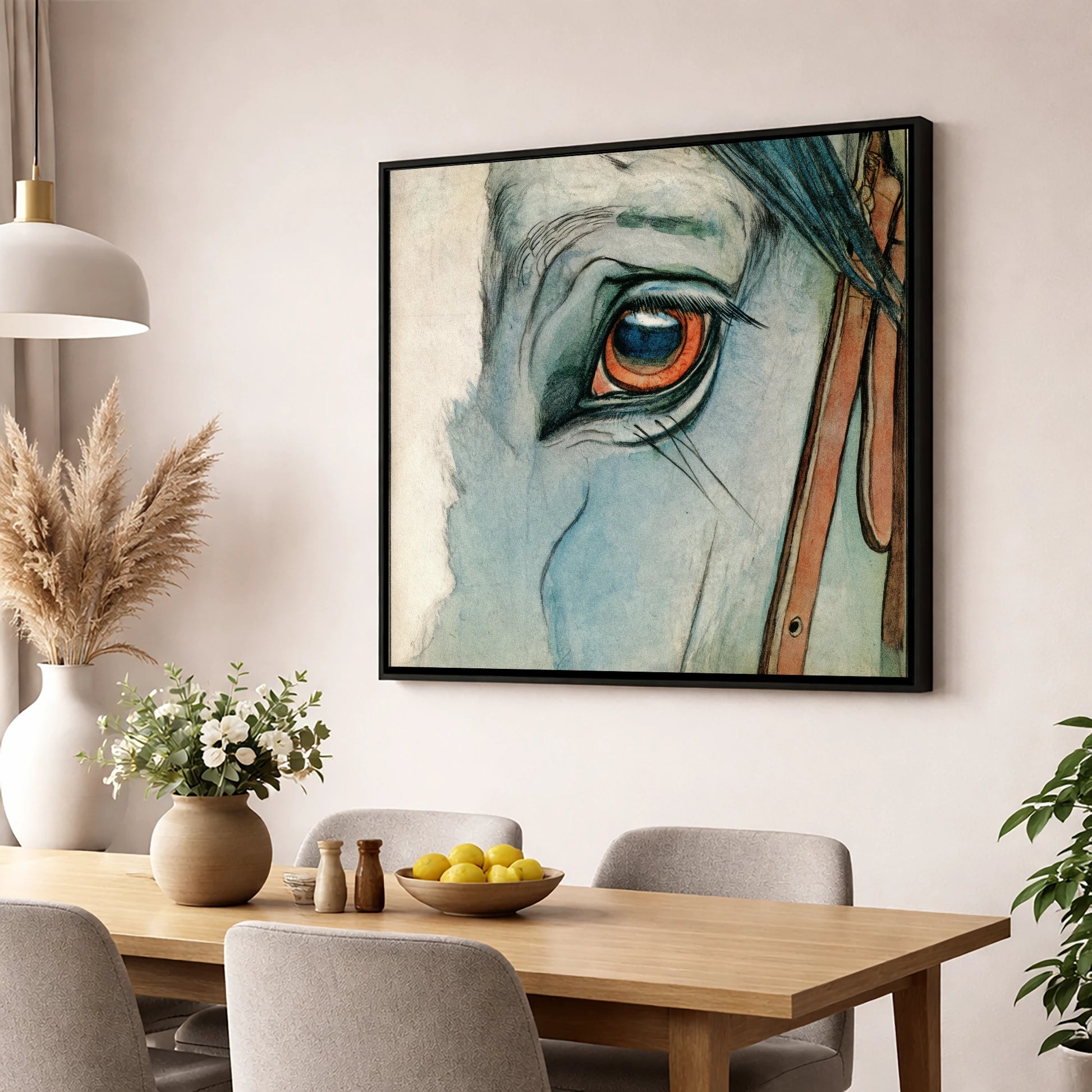 The Amber Gaze horse portrait wall art displayed in a dining room