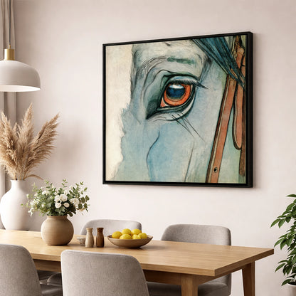 The Amber Gaze horse portrait wall art displayed in a dining room