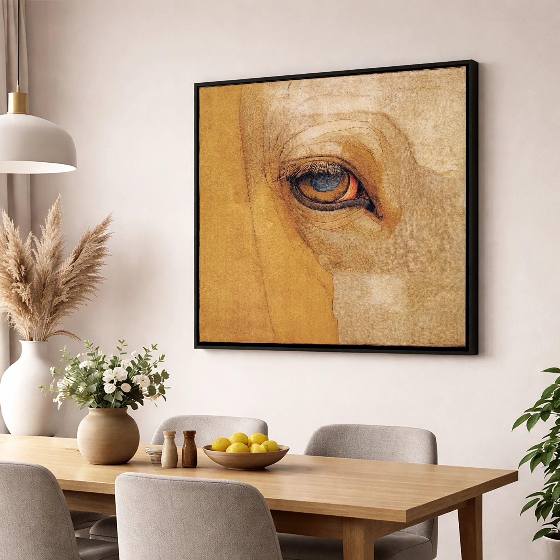 The Golden Gaze horse portrait wall art displayed in a dining room