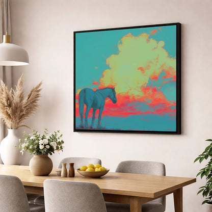 Teal Sunset Horizon horse landscape wall art displayed in a dining room