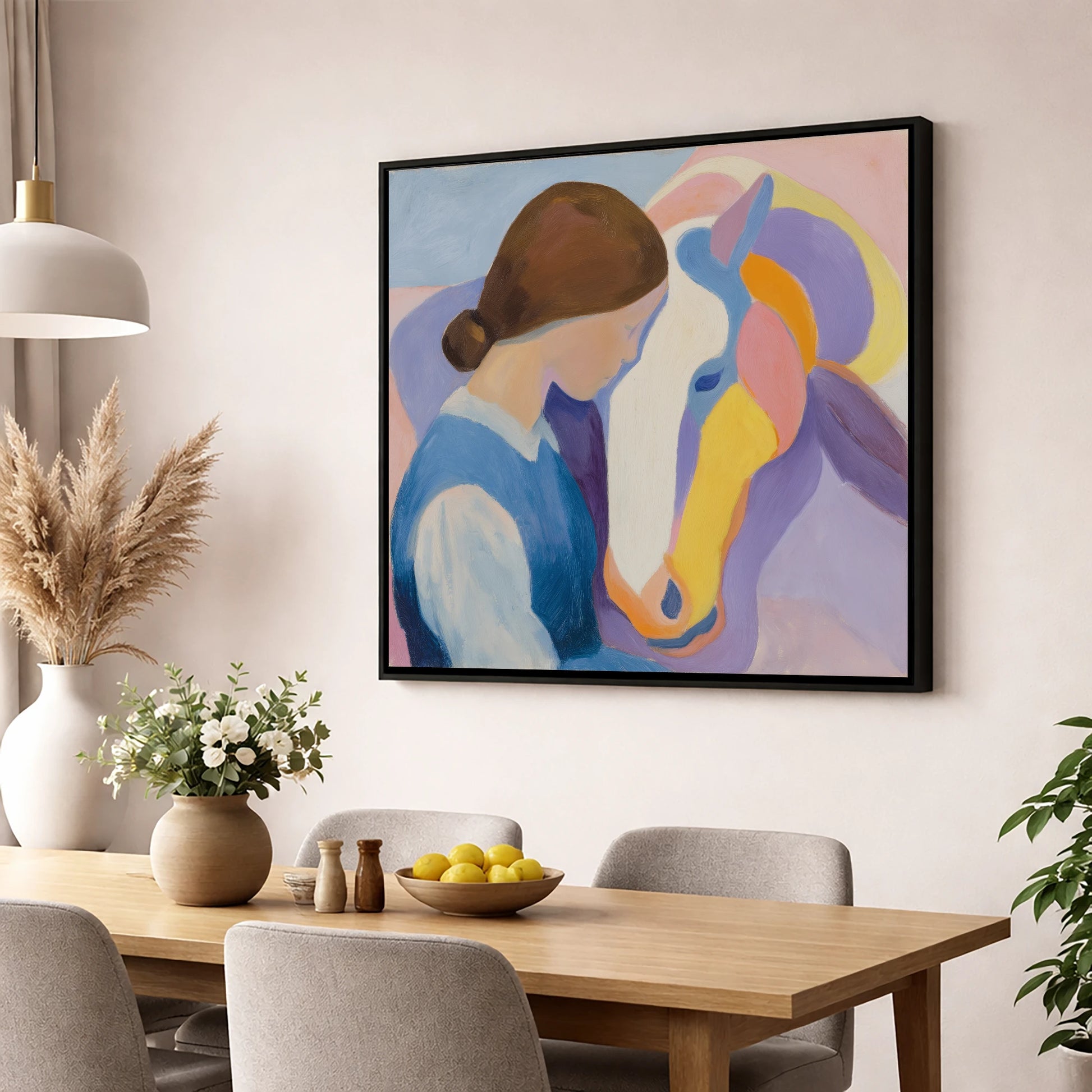 The Quiet Bond horse & rider wall art displayed in a dining room