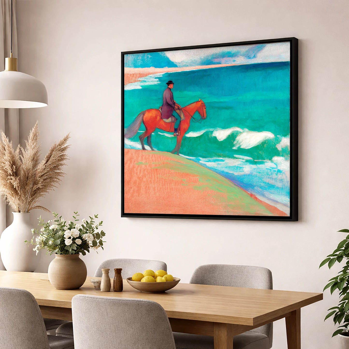 Chestnut By The Emerald Shore horse landscape wall art displayed in a dining room