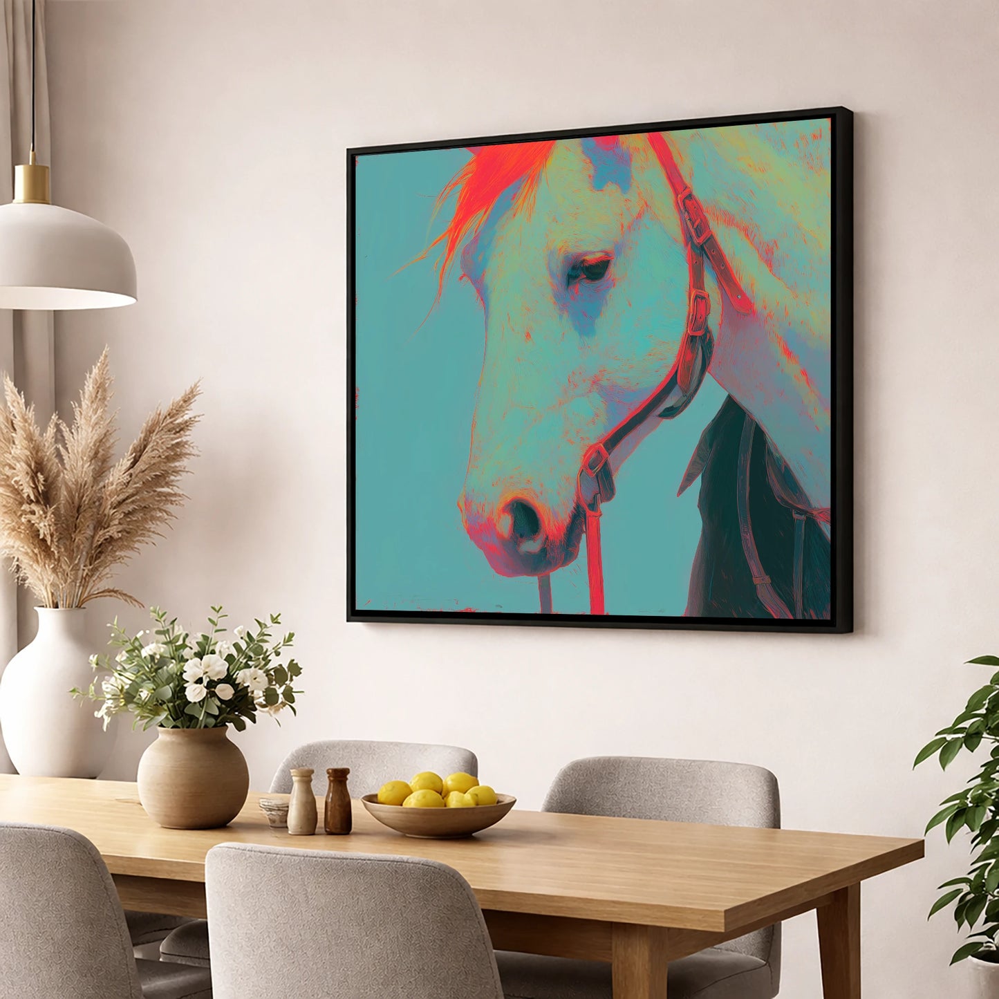 Electric Teal Profile horse portrait wall art displayed in a dining room