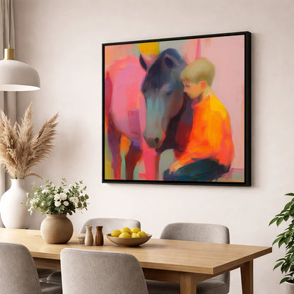 Vibrant Embrace horse & rider wall art displayed in a dining room