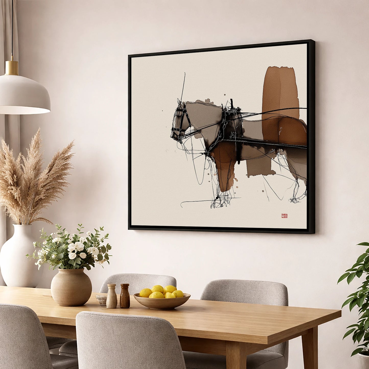 Harnessed Form working horse wall art displayed in a dining room