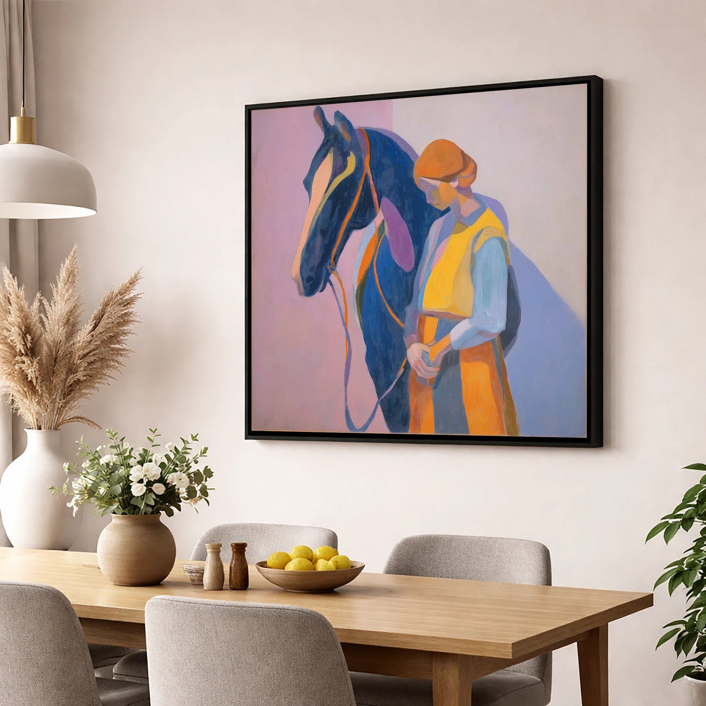 A Quiet Harmony horse & rider wall art displayed in a dining room