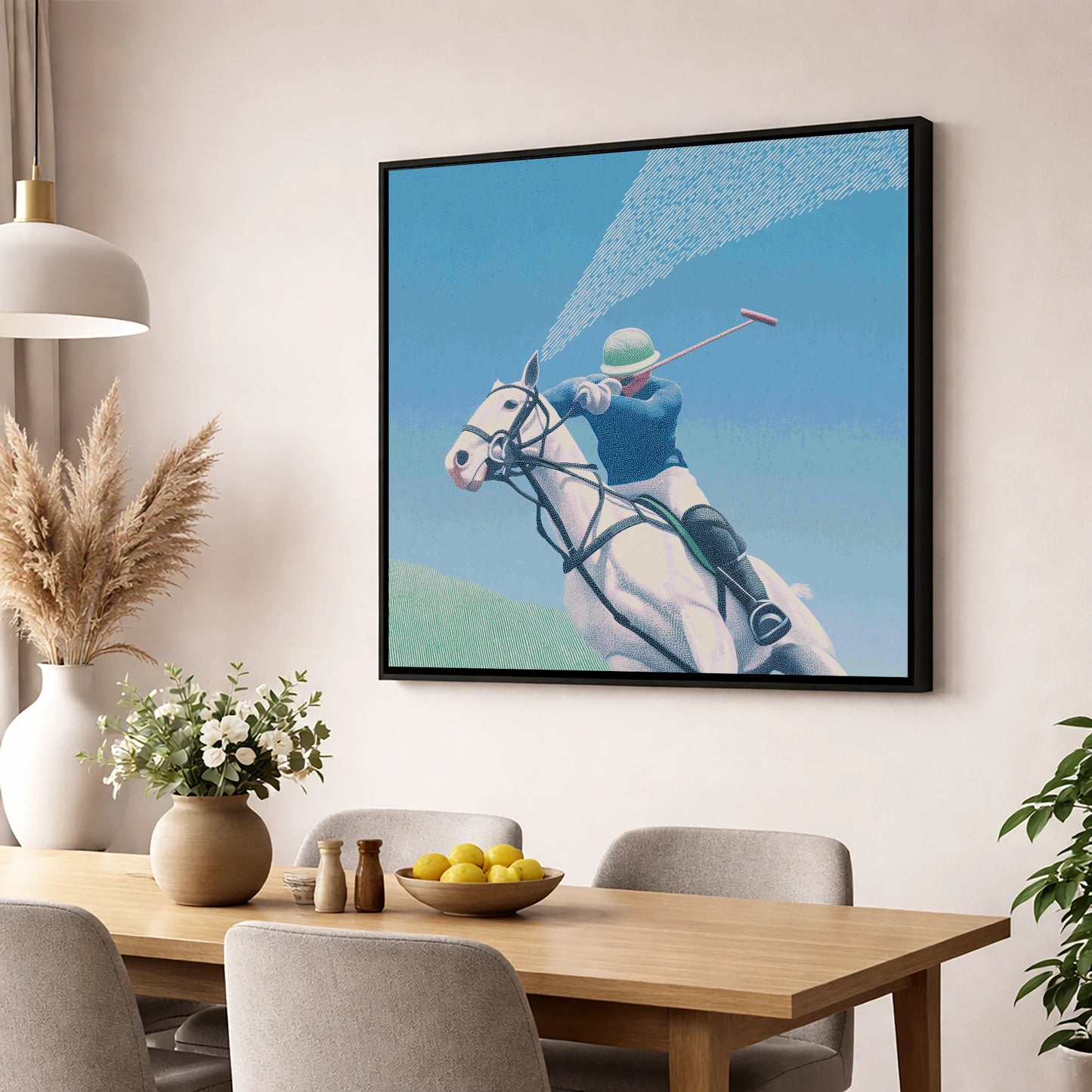 Skyward Swing polo horse wall art displayed in a dining room