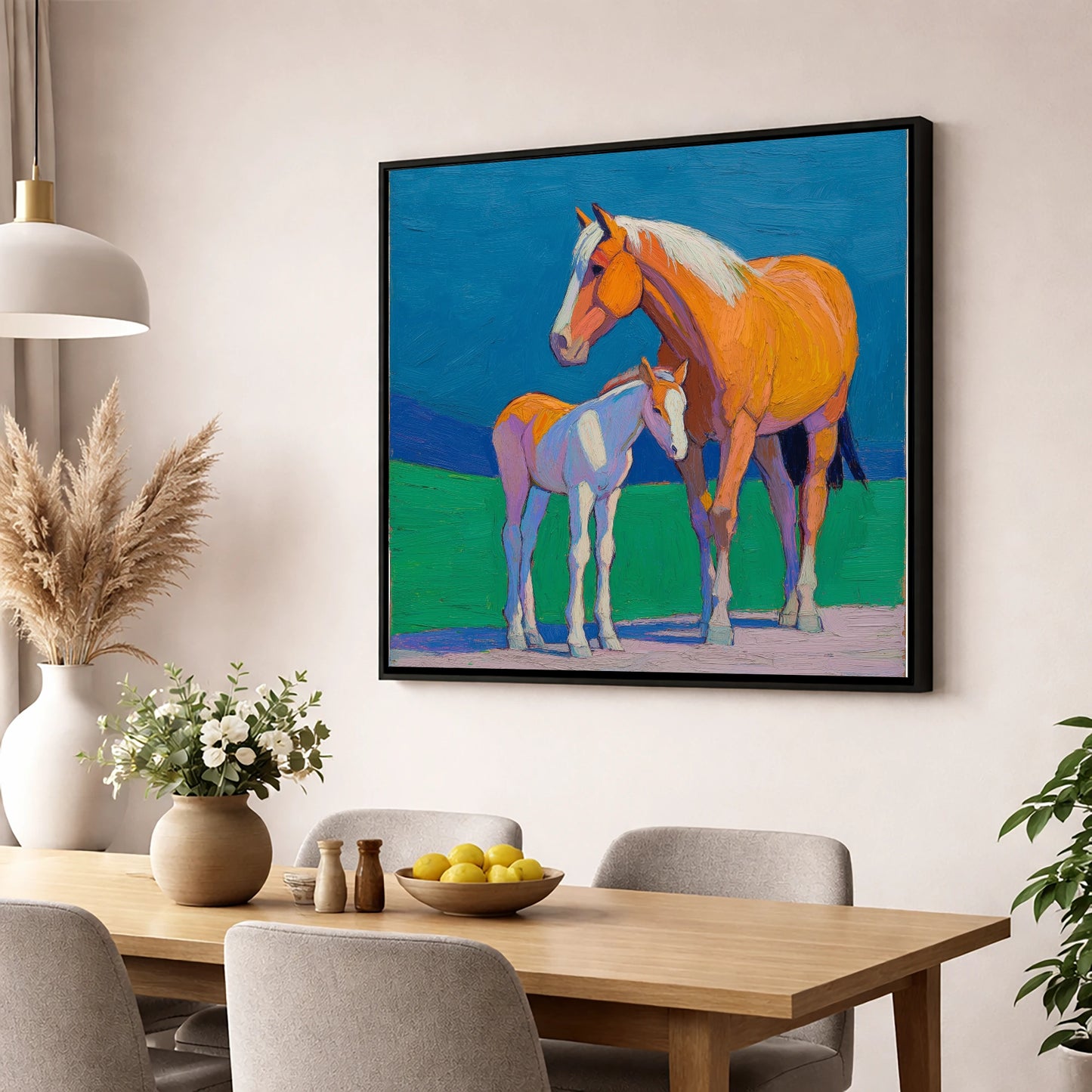 Vivid Summer Bond mare & foal wall art displayed in a dining room