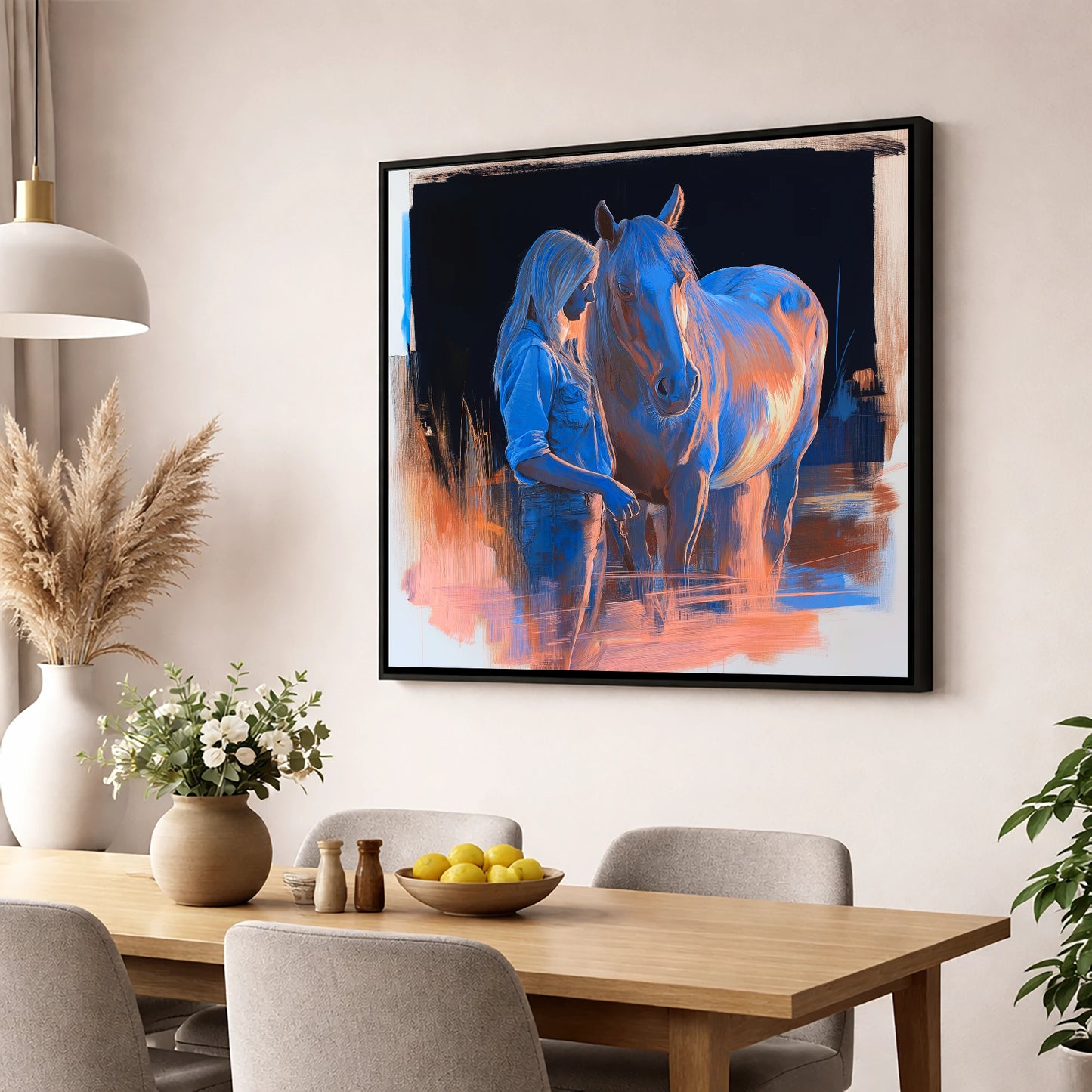A Quiet Understanding horse & rider wall art displayed in a dining room
