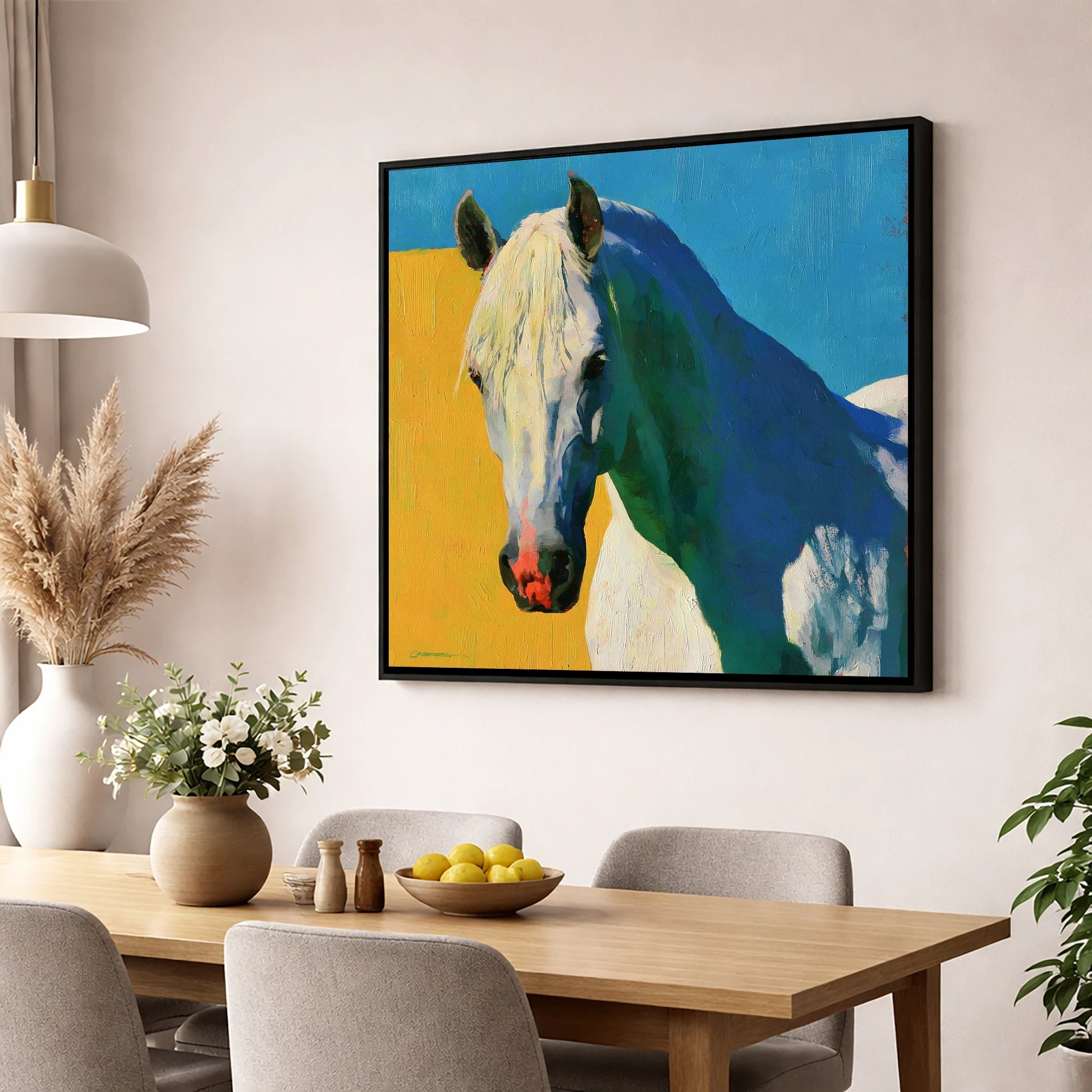 Grey Horse in Vibrant Sunlight horse breed wall art displayed in a dining room