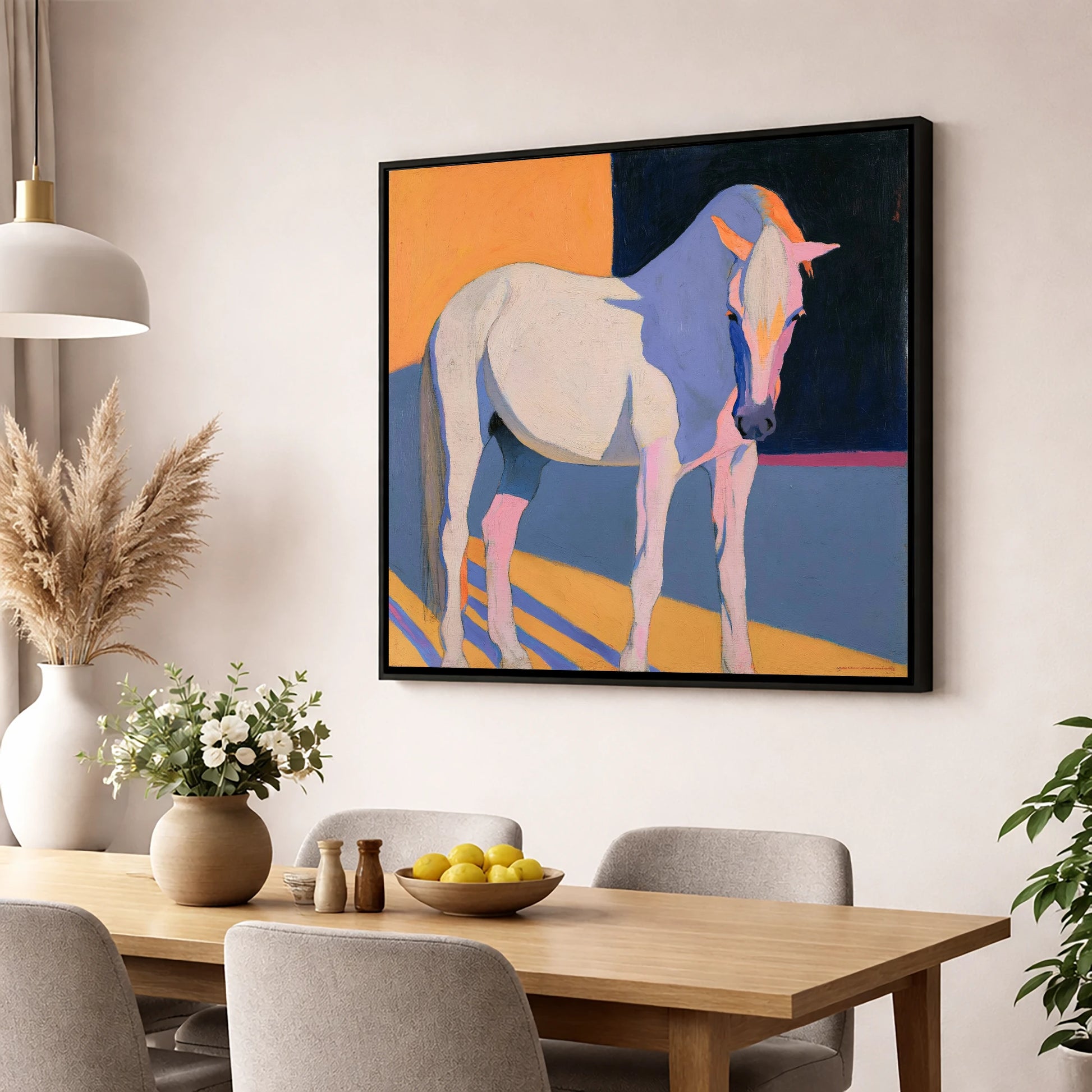 Vibrant Colour Block Grey Horse horse breed wall art displayed in a dining room
