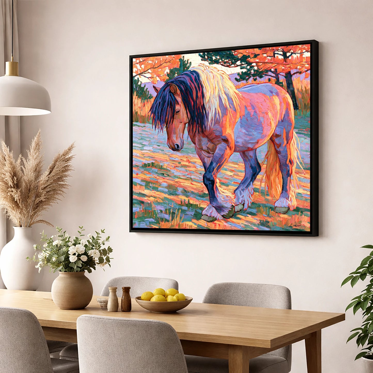 Vibrant Feathered Heavy Horse horse breed wall art displayed in a dining room