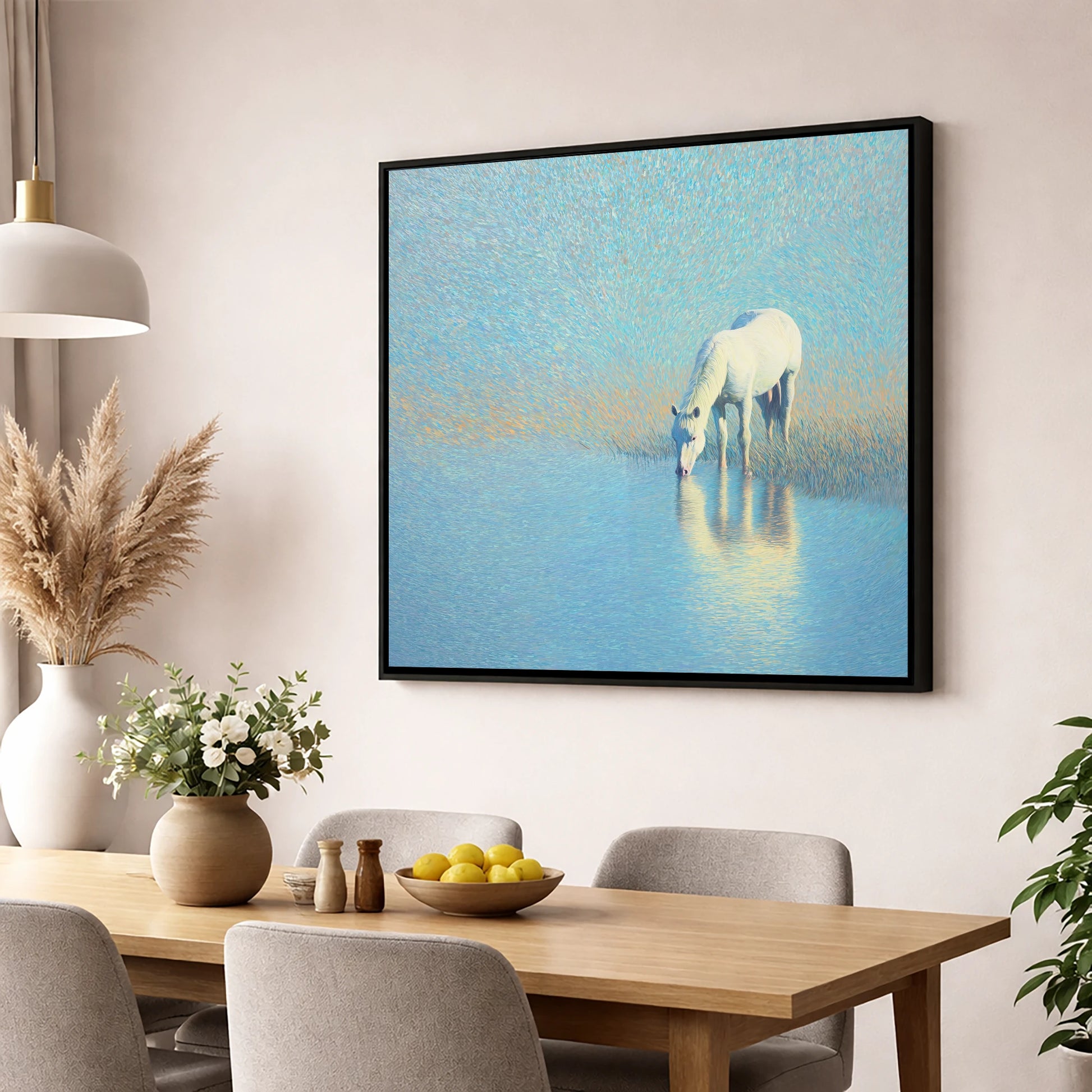 Luminous Waters horse landscape wall art displayed in a dining room