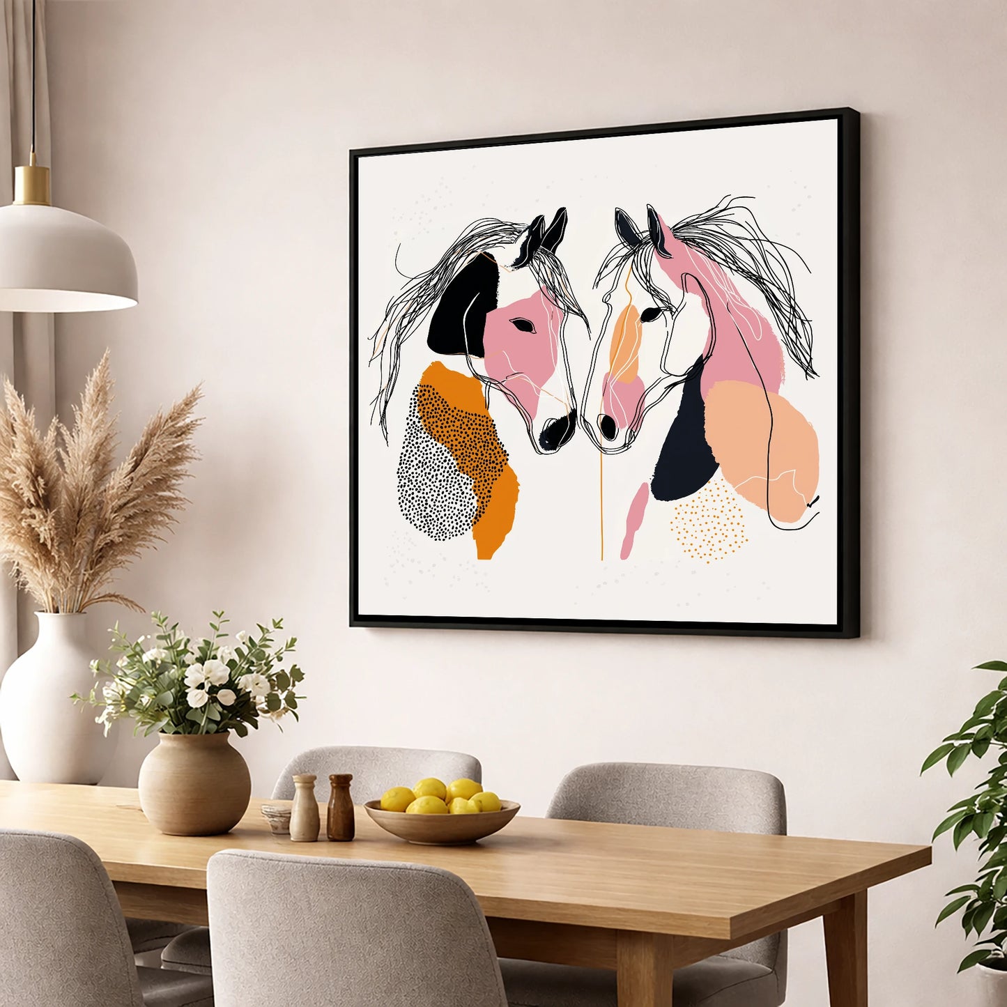 Contemporary Equine Connection horse portrait wall art displayed in a dining room