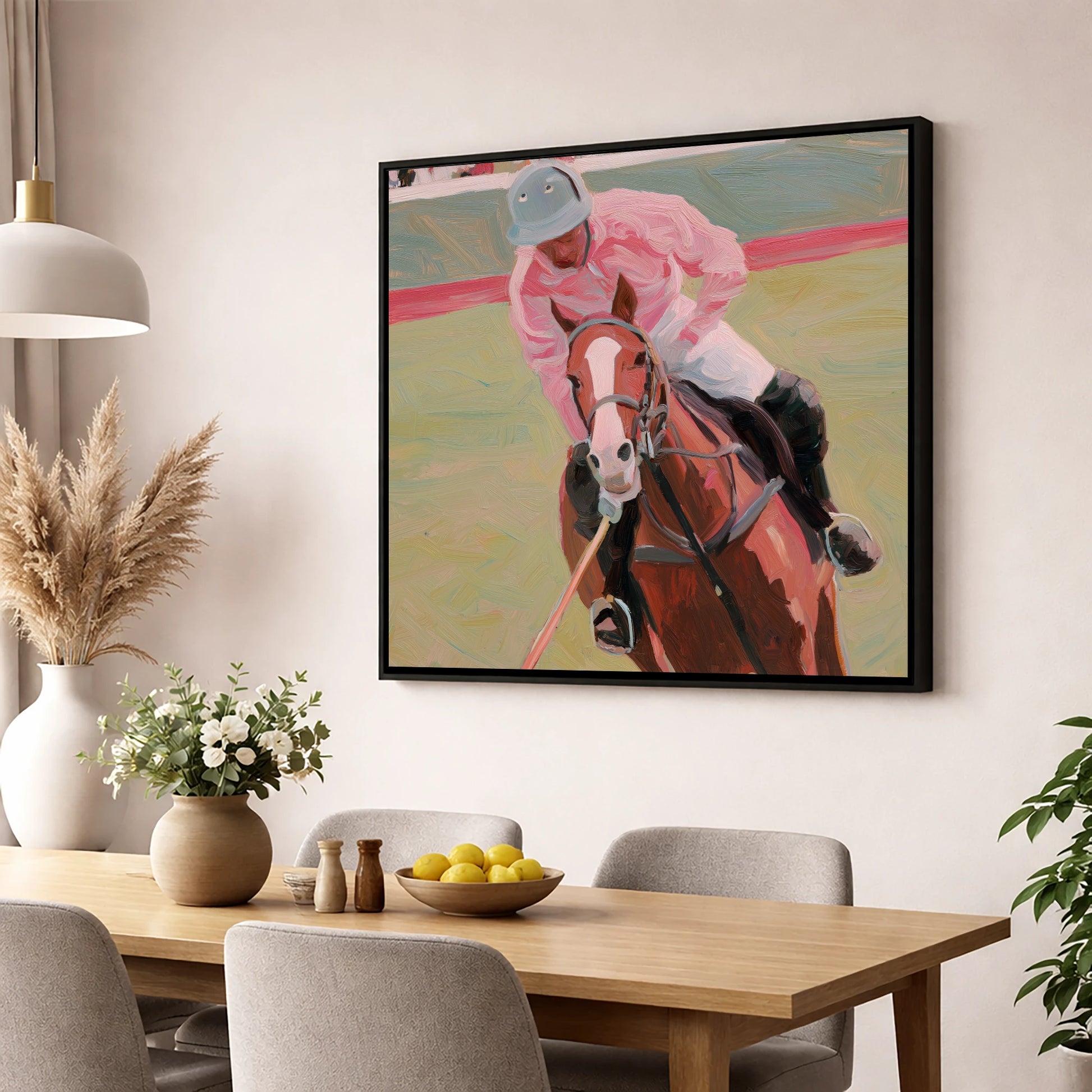 Dusty Pink Pursuit polo horse wall art displayed in a dining room