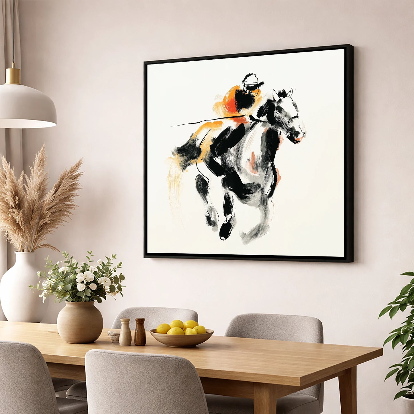 Flash of Amber racing horse wall art displayed in a dining room