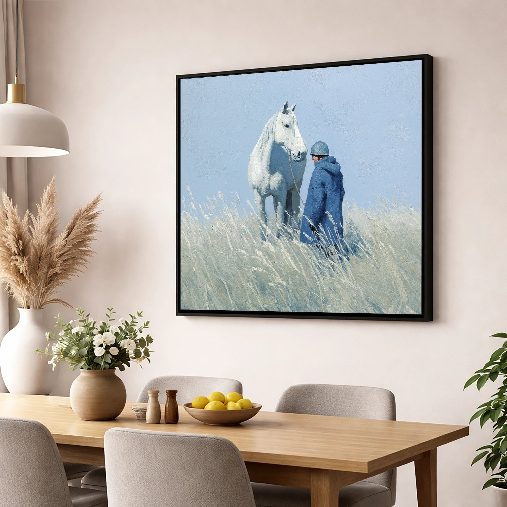 The Quiet Bond horse & rider wall art displayed in a dining room