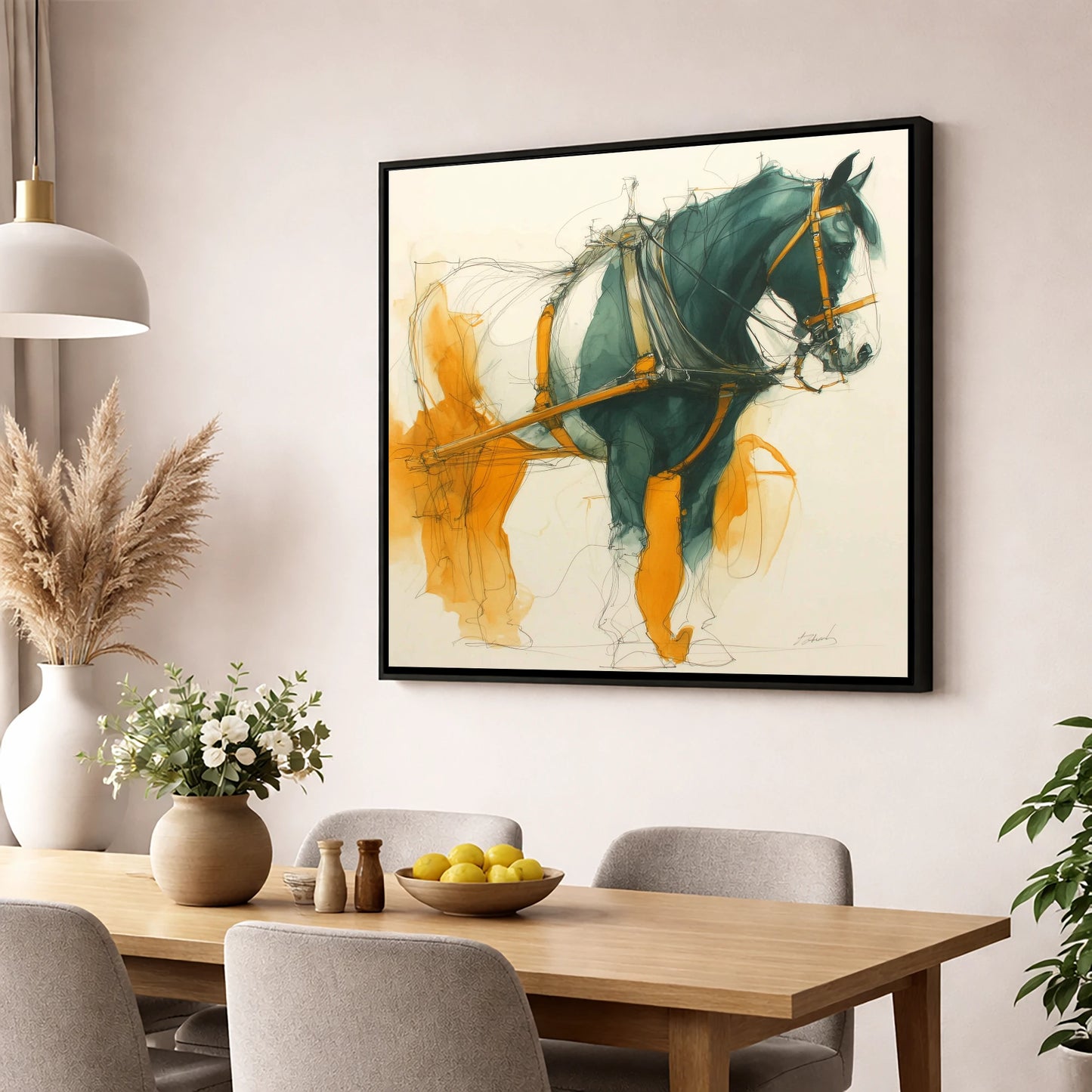 Teal and Amber Draft working horse wall art displayed in a dining room