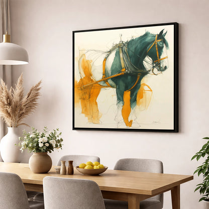 Teal and Amber Draft working horse wall art displayed in a dining room