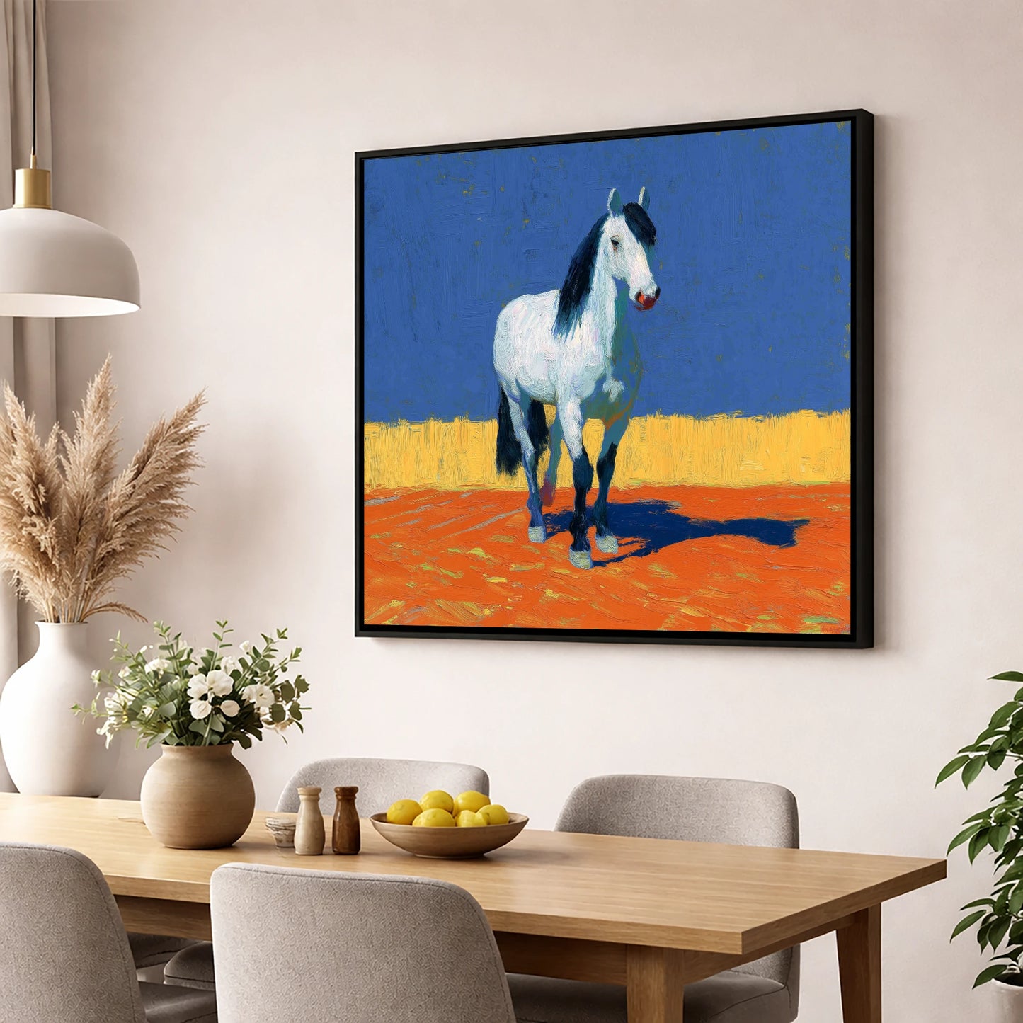 Vivid Horizon Grey horse breed wall art displayed in a dining room