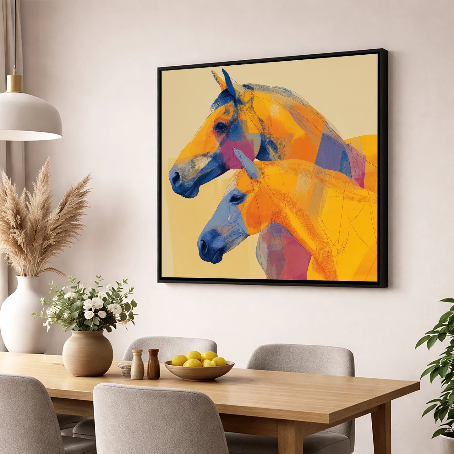 Vibrant Equine Profiles horse landscape wall art displayed in a dining room