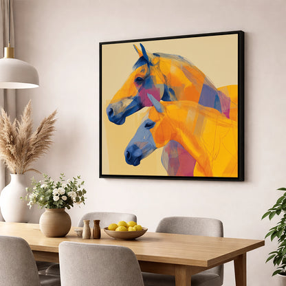 Vibrant Equine Profiles horse landscape wall art displayed in a dining room