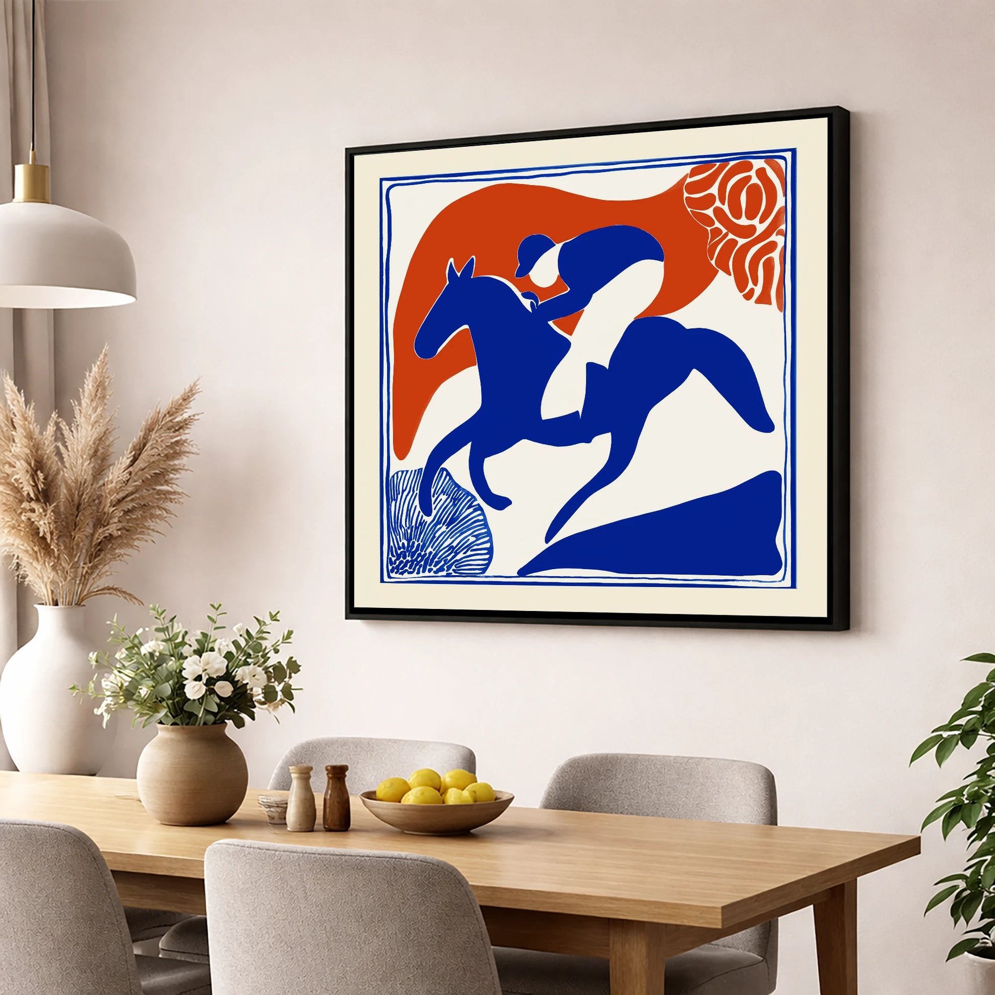 The Cobalt Furlong racing horse wall art displayed in a dining room
