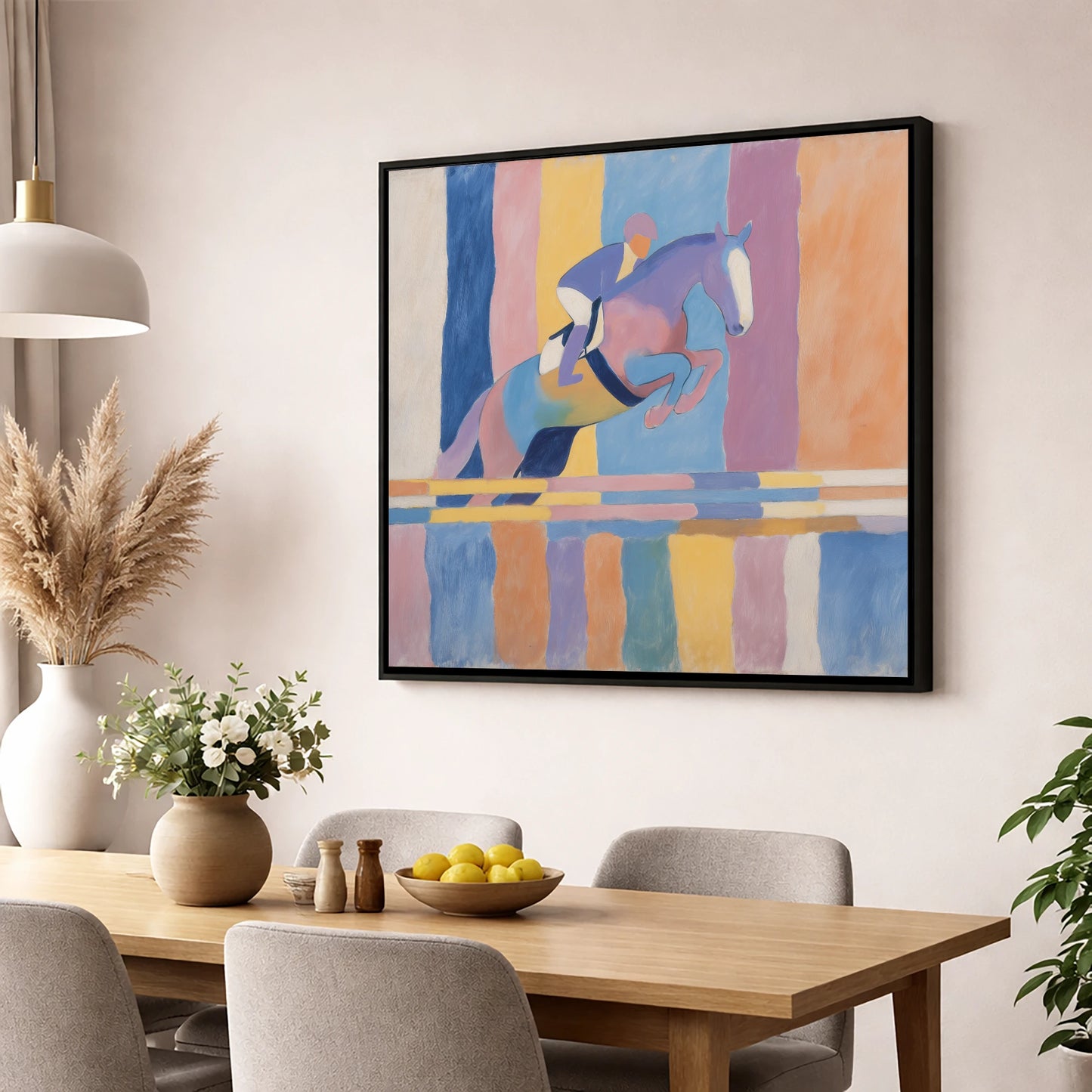 Pastel Flight show jumping horse wall art displayed in a dining room