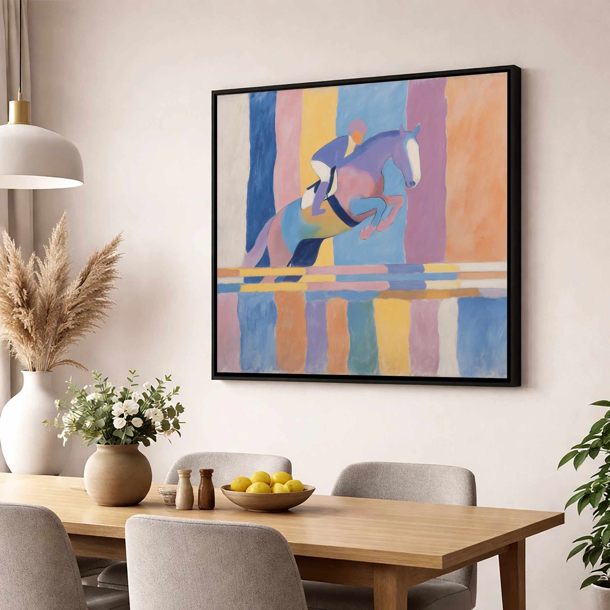 Pastel Flight show jumping horse wall art displayed in a dining room