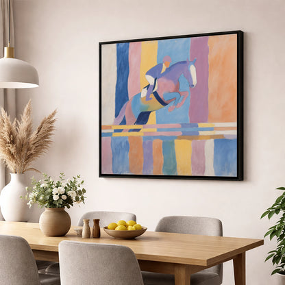 Pastel Flight show jumping horse wall art displayed in a dining room
