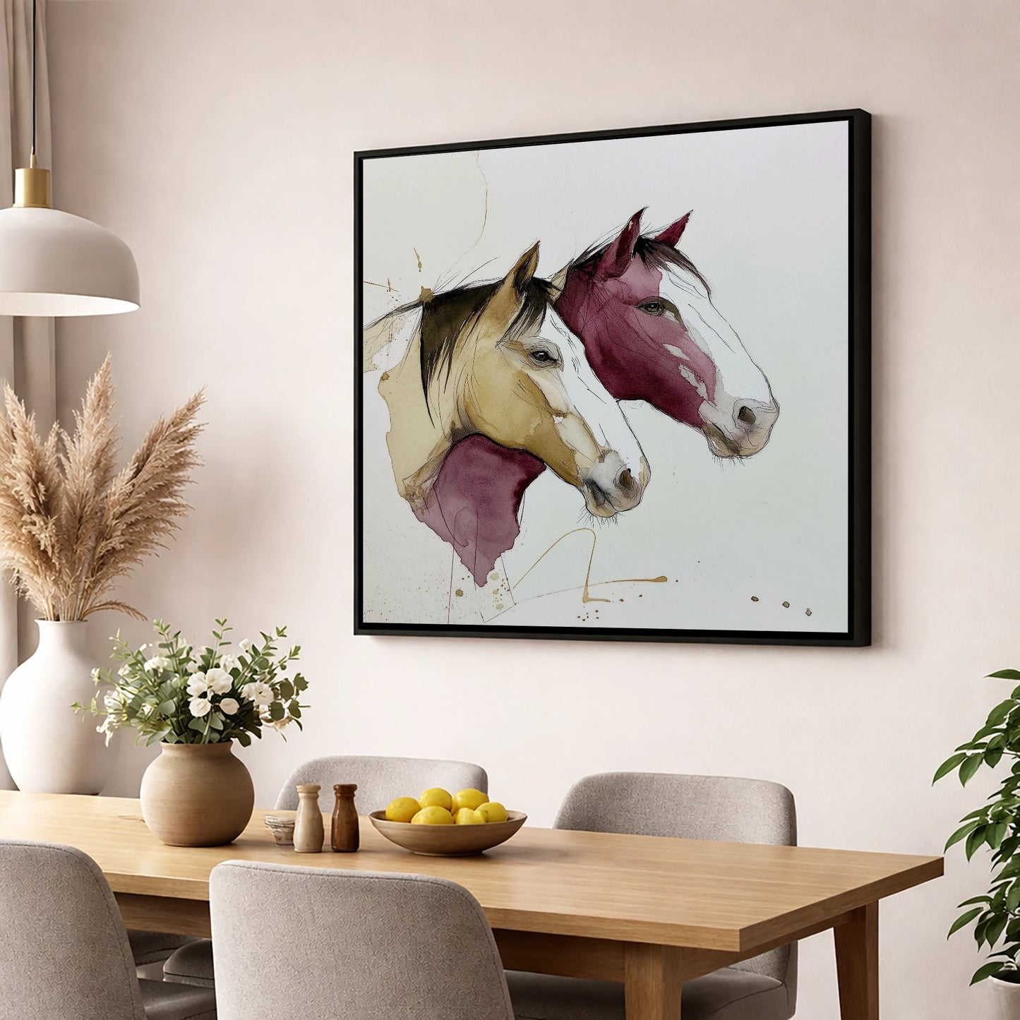 Earthy Equine Profiles wild horses wall art displayed in a dining room