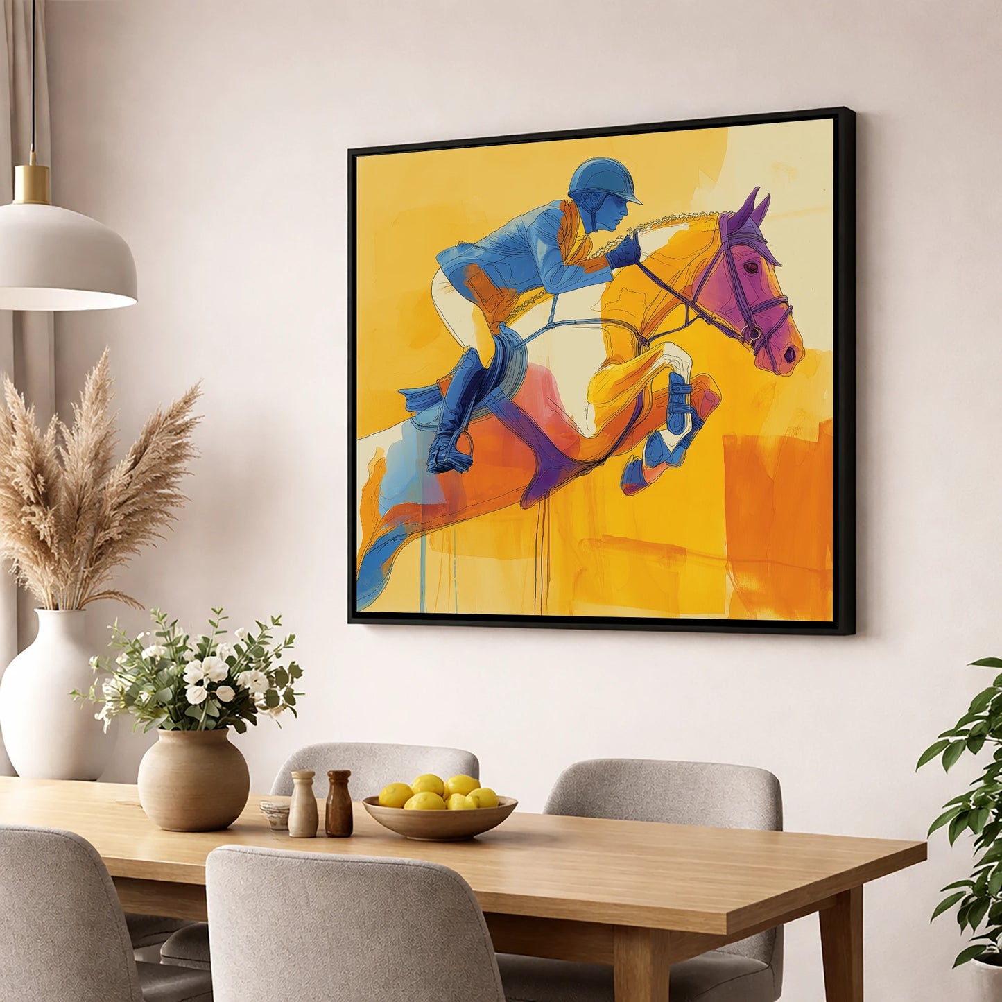 Airborne in Cobalt show jumping horse wall art displayed in a dining room