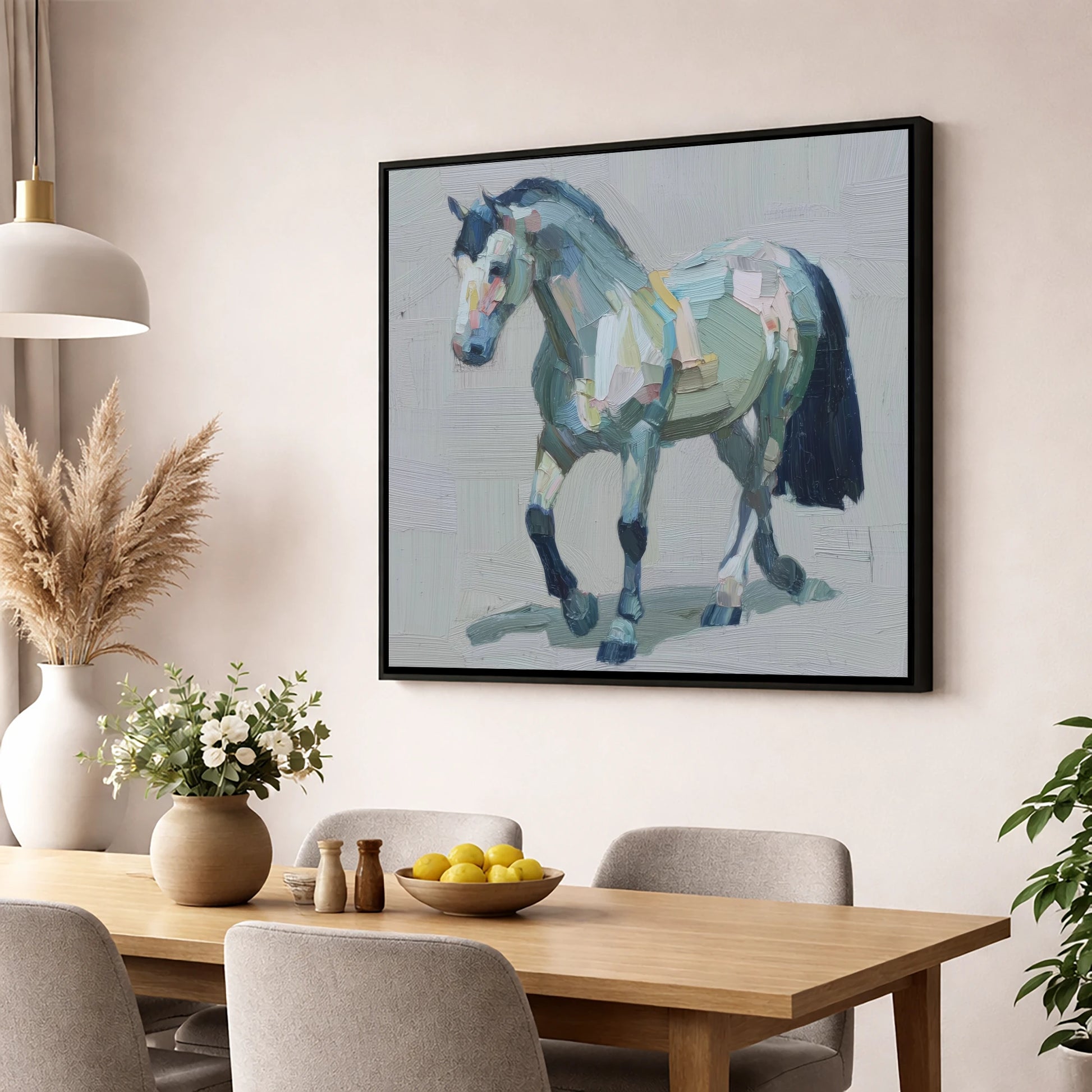 Painted Strides horse breed wall art displayed in a dining room