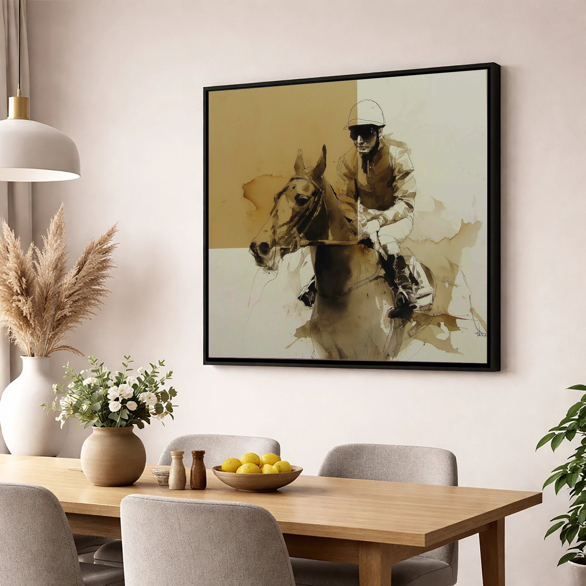 The Sepia Contender racing horse wall art displayed in a dining room