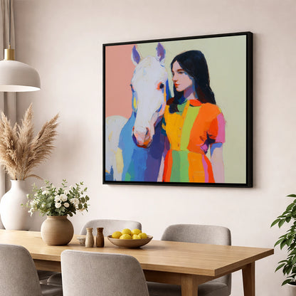 Vibrant Harmony horse & rider wall art displayed in a dining room