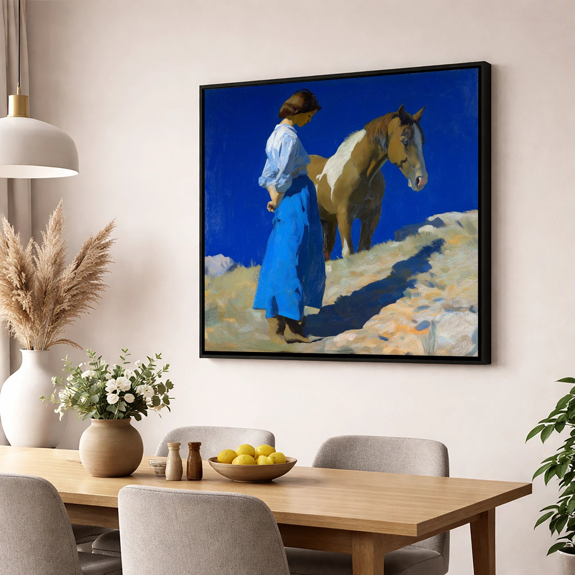 Under the Cobalt Sky horse & rider wall art displayed in a dining room