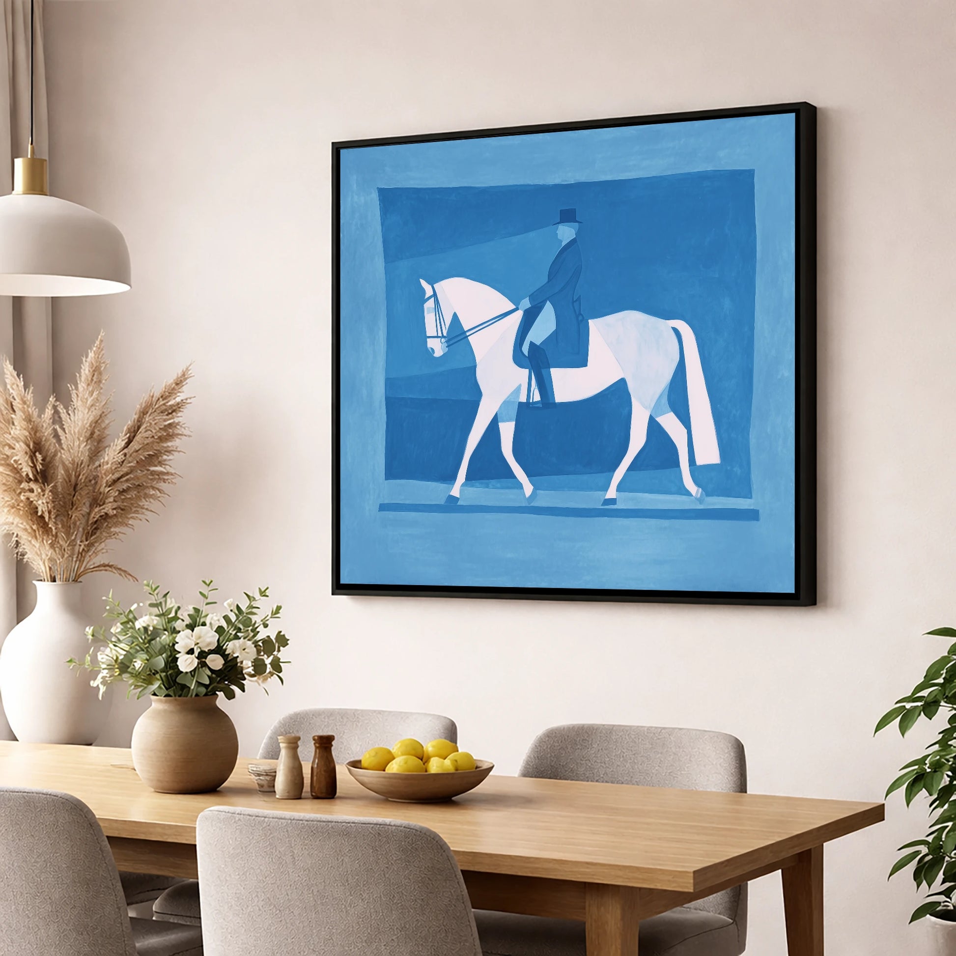 Blue Dressage Silhouette dressage horse wall art displayed in a dining room