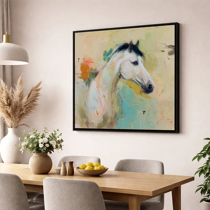 Gestural Grey Portrait horse portrait wall art displayed in a dining room
