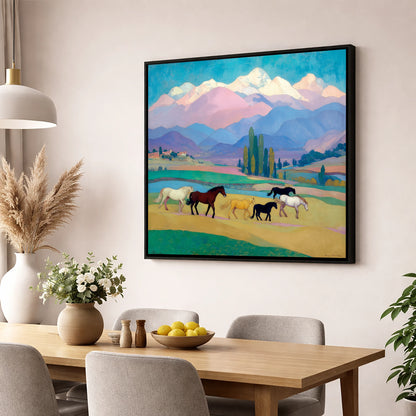 Vibrant Alpine Herd horse landscape wall art displayed in a dining room