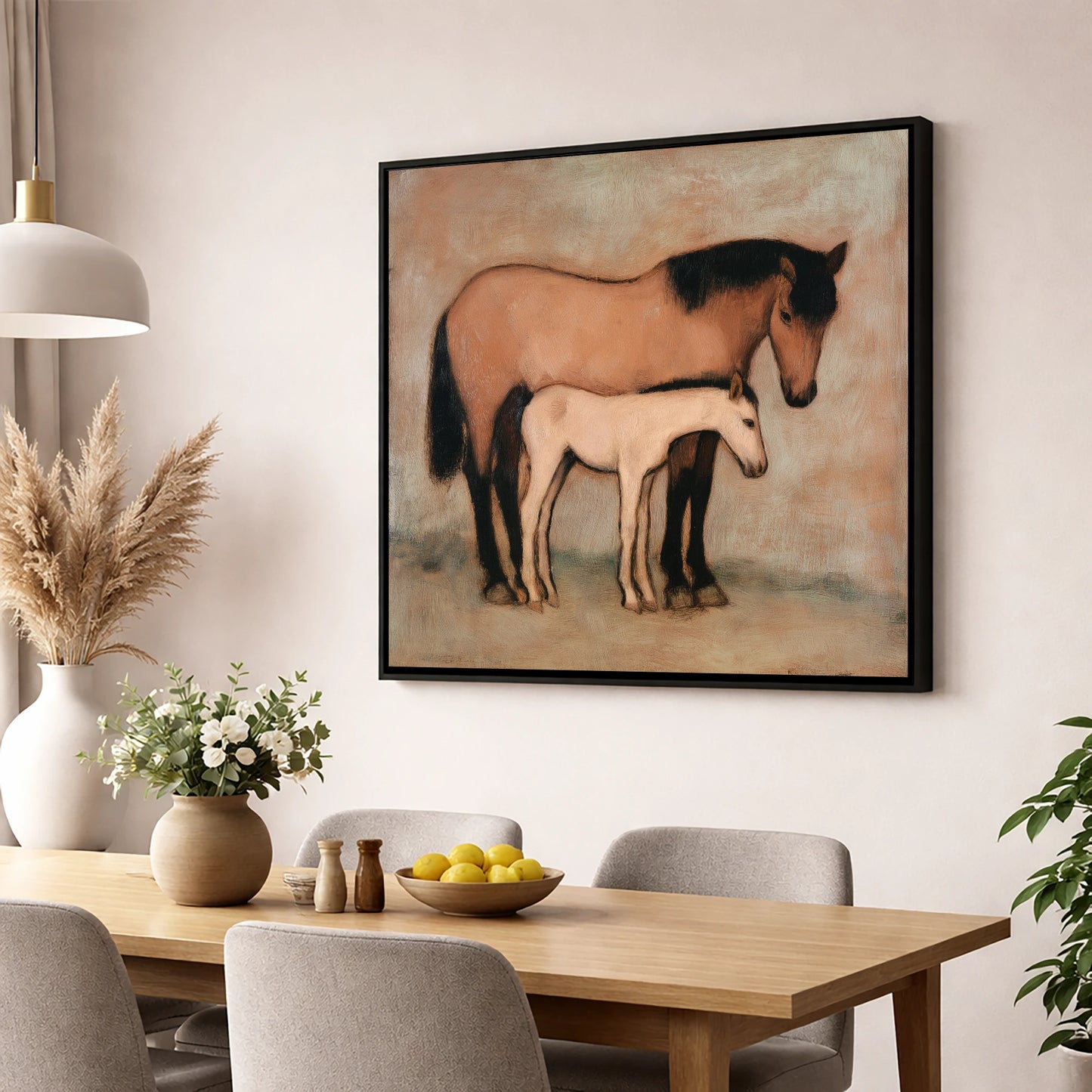 Timeless Bond mare & foal wall art displayed in a dining room