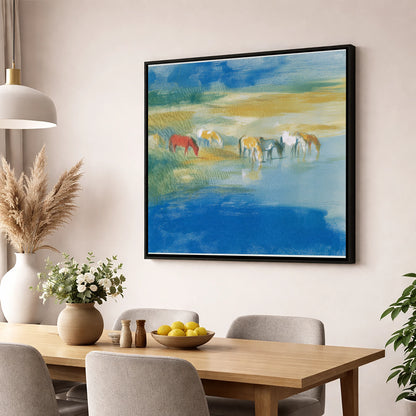 Vivid Watering Hole wild horses wall art displayed in a dining room
