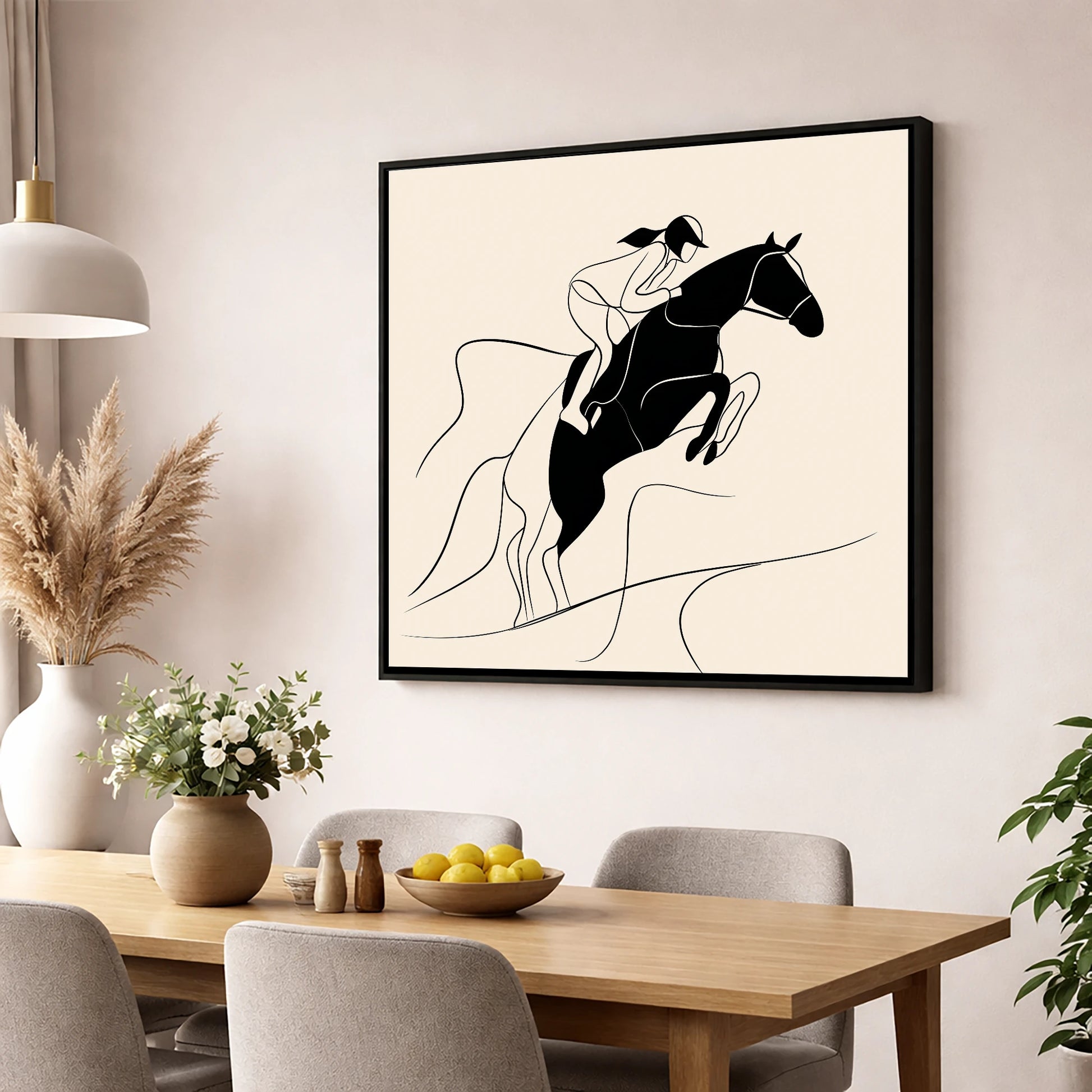Fluid Ascent show jumping horse wall art displayed in a dining room