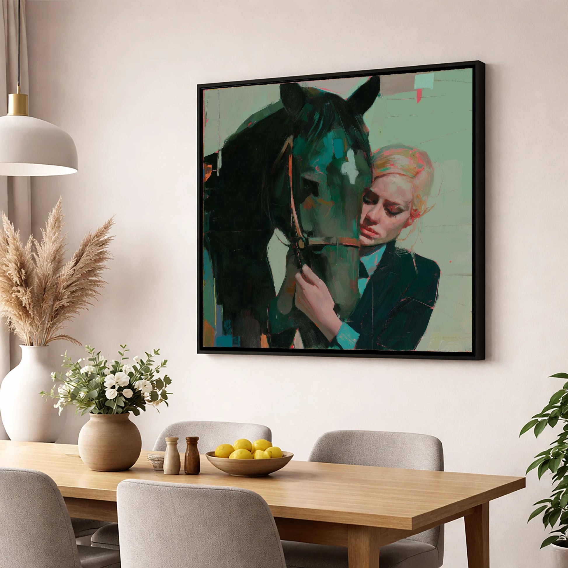 Quiet Connection horse & rider wall art displayed in a dining room