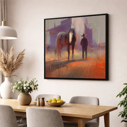 Sundown on the Trail western horse wall art displayed in a dining room