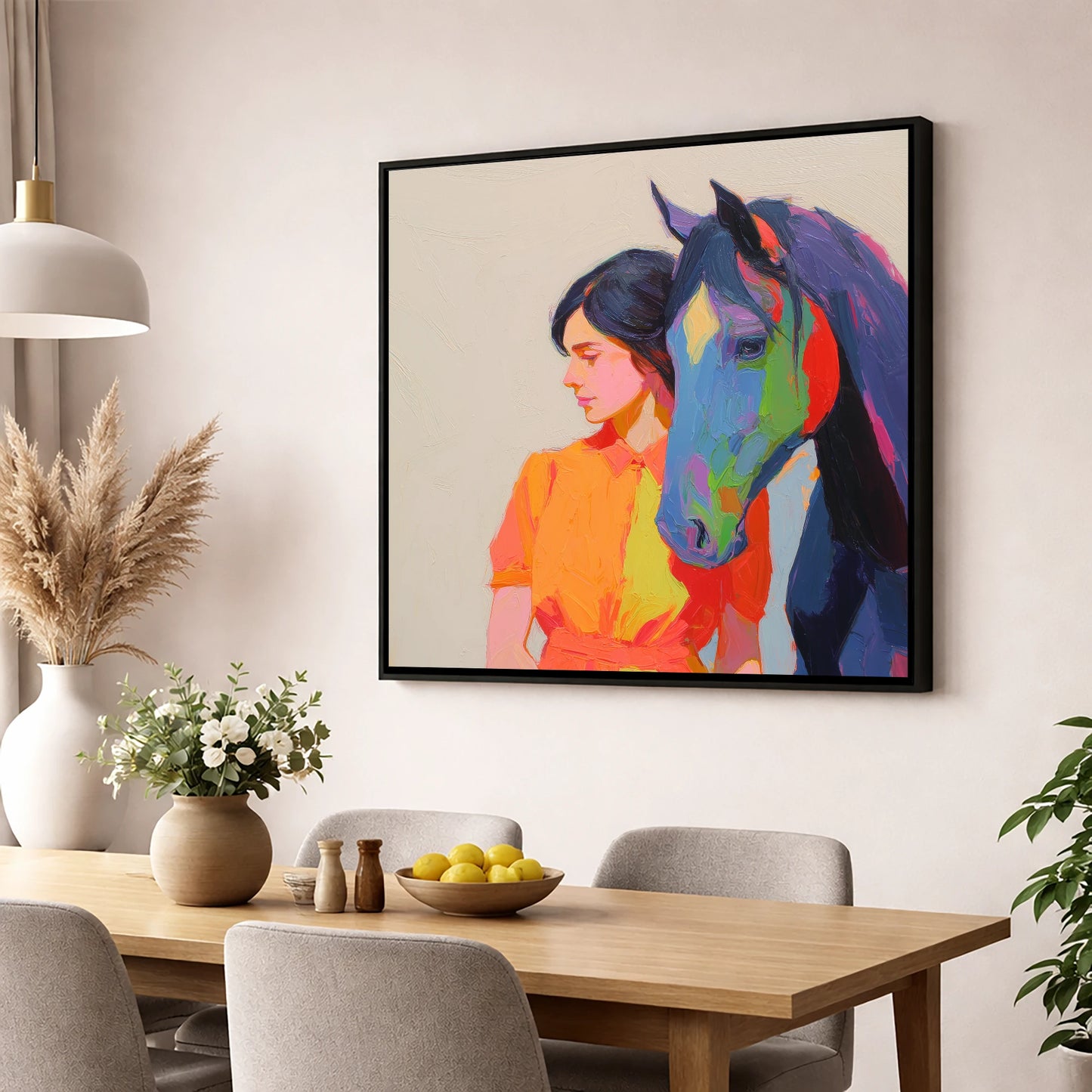 Vivid Companion horse & rider wall art displayed in a dining room