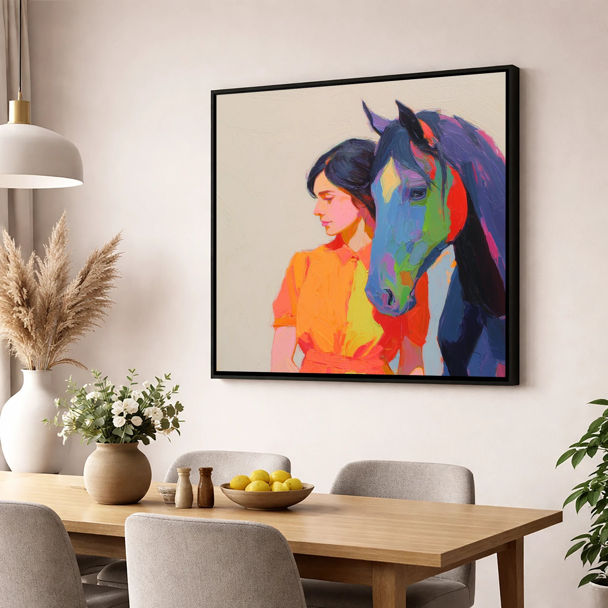 Vivid Companion horse & rider wall art displayed in a dining room