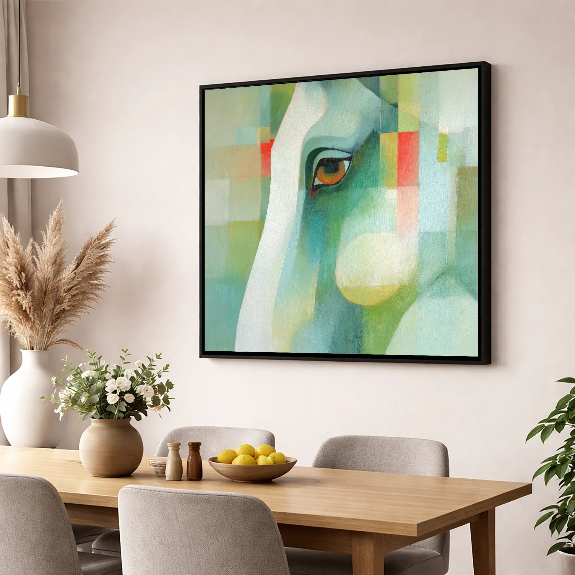 The Geometric Gaze horse portrait wall art displayed in a dining room
